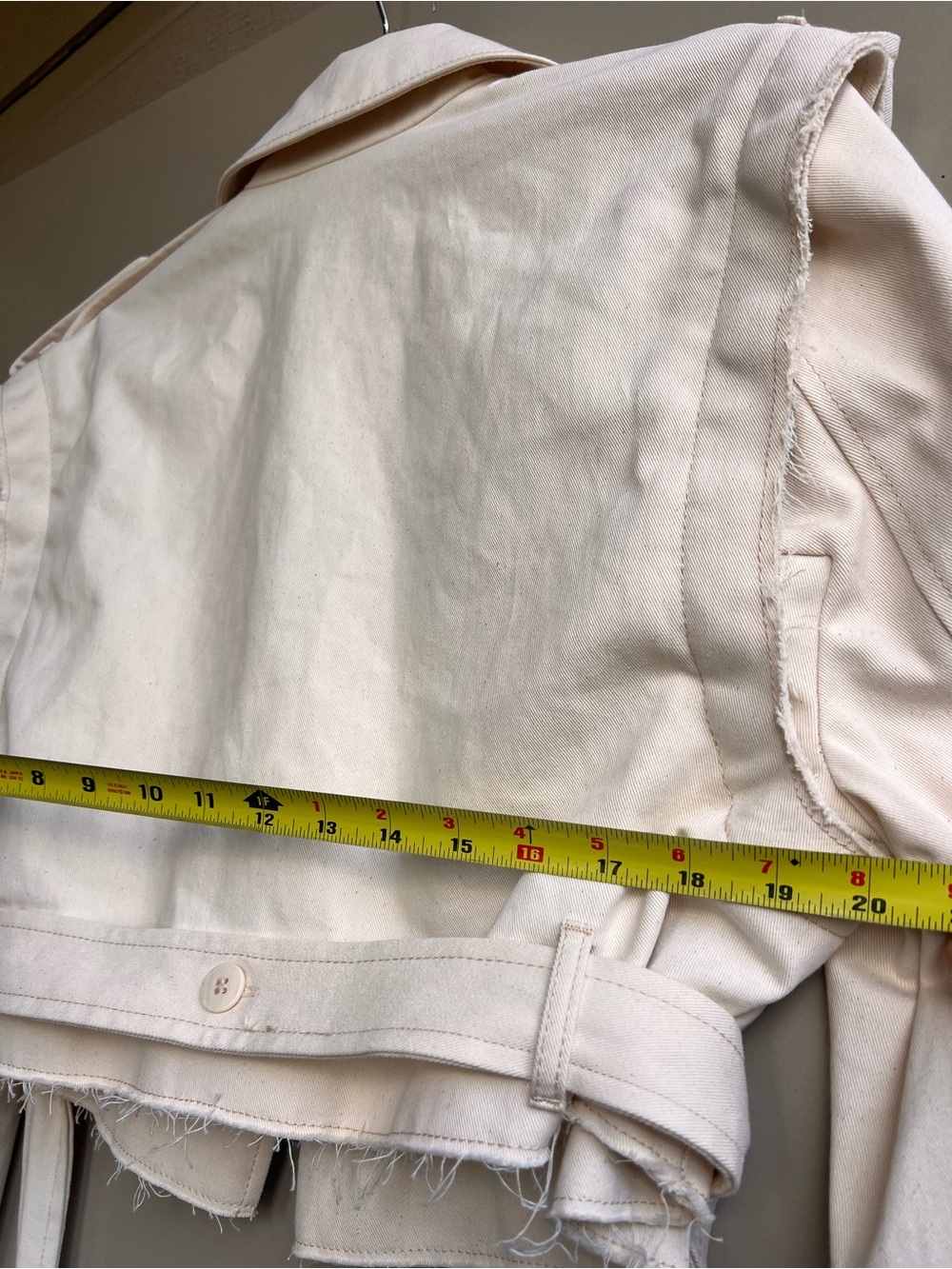 Zara XS S Cropped Denim Trench Jacket Ivory Raw Hem Belted Cotton Utility Blazer - Picture 14 of 16